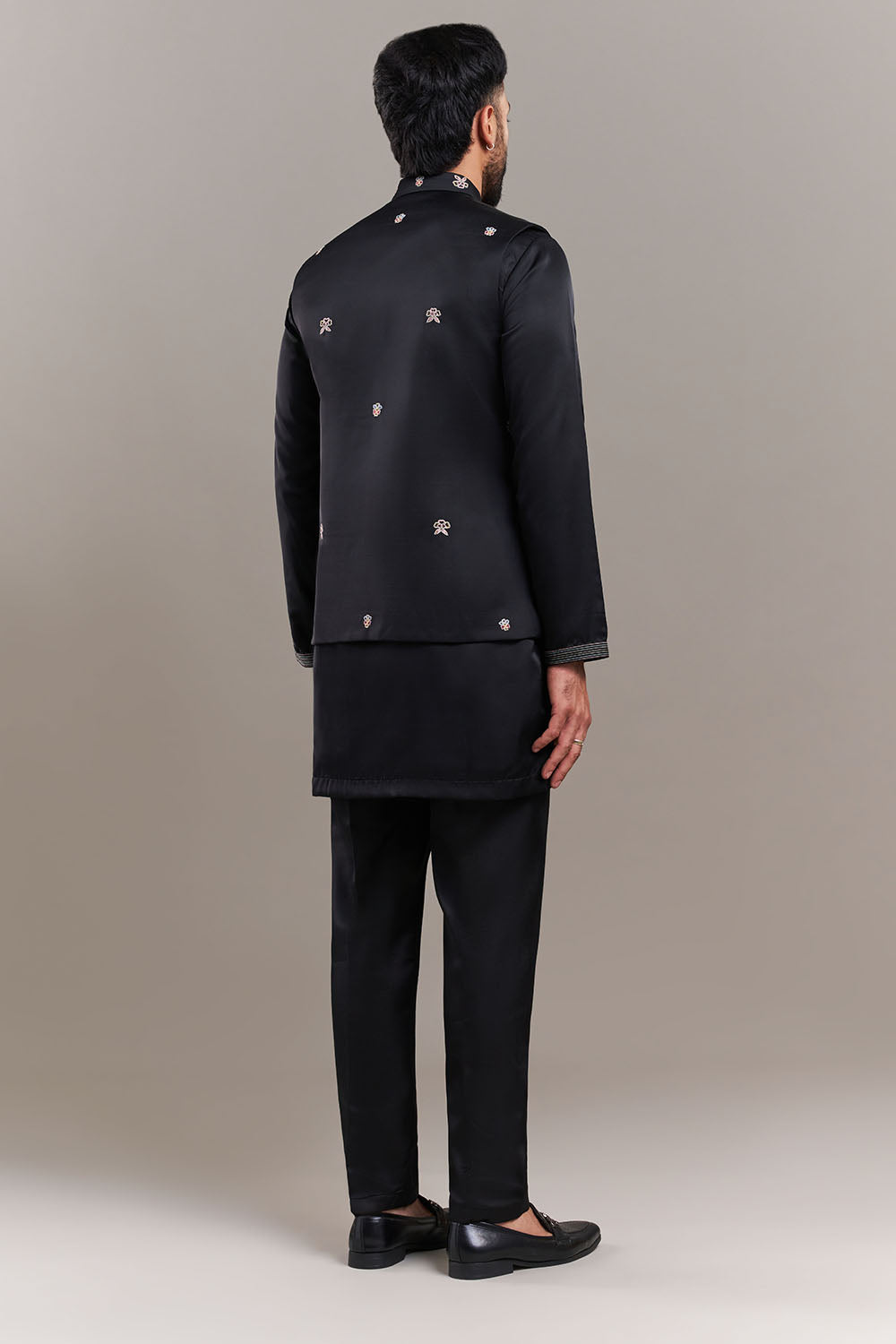 Black Nokia Silk Garden Border Men's Kurta with Jacket