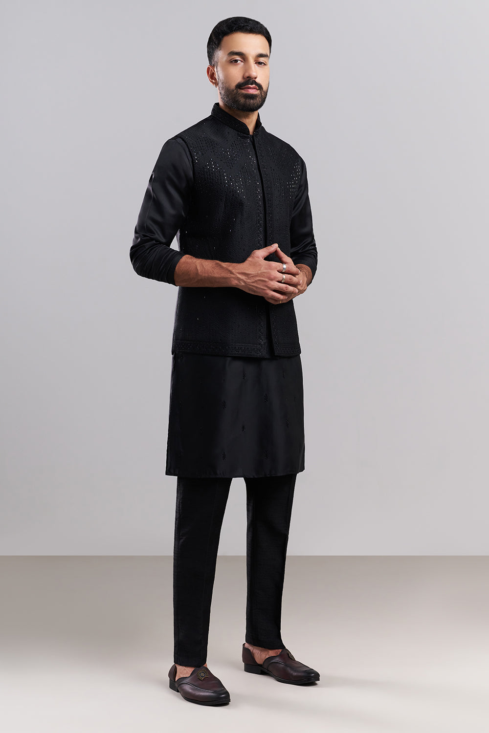 Black Nokia Silk Men's Kurta Set with Sequin-Detailed Jacket
