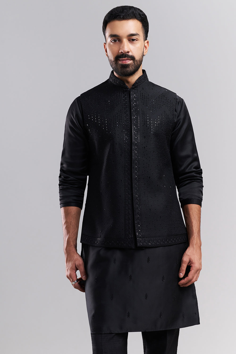 Black Nokia Silk Men's Kurta Set with Sequin-Detailed Jacket
