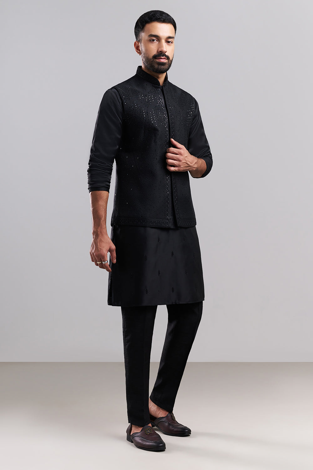 Black Nokia Silk Men's Kurta Set with Sequin-Detailed Jacket