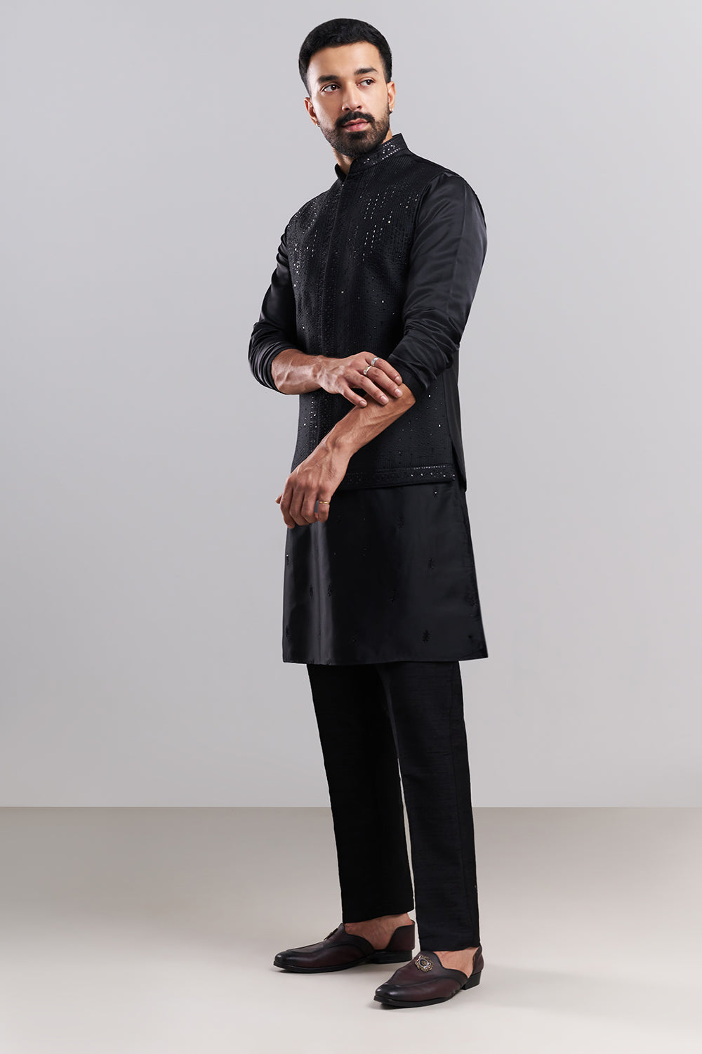 Black Nokia Silk Men's Kurta Set with Sequin-Detailed Jacket