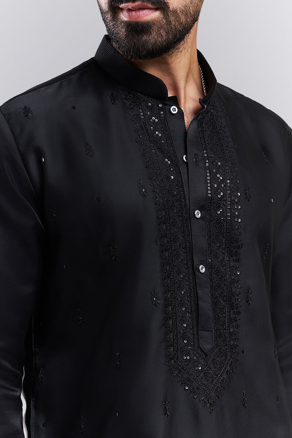 Black Nokia Silk Men's Kurta Set with Sequin-Detailed Jacket