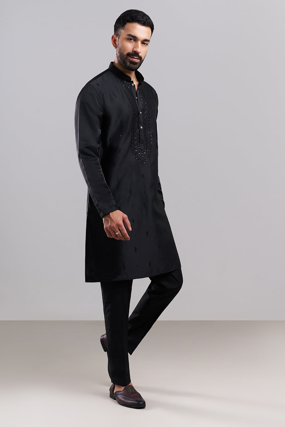 Black Nokia Silk Men's Kurta Set with Sequin-Detailed Jacket