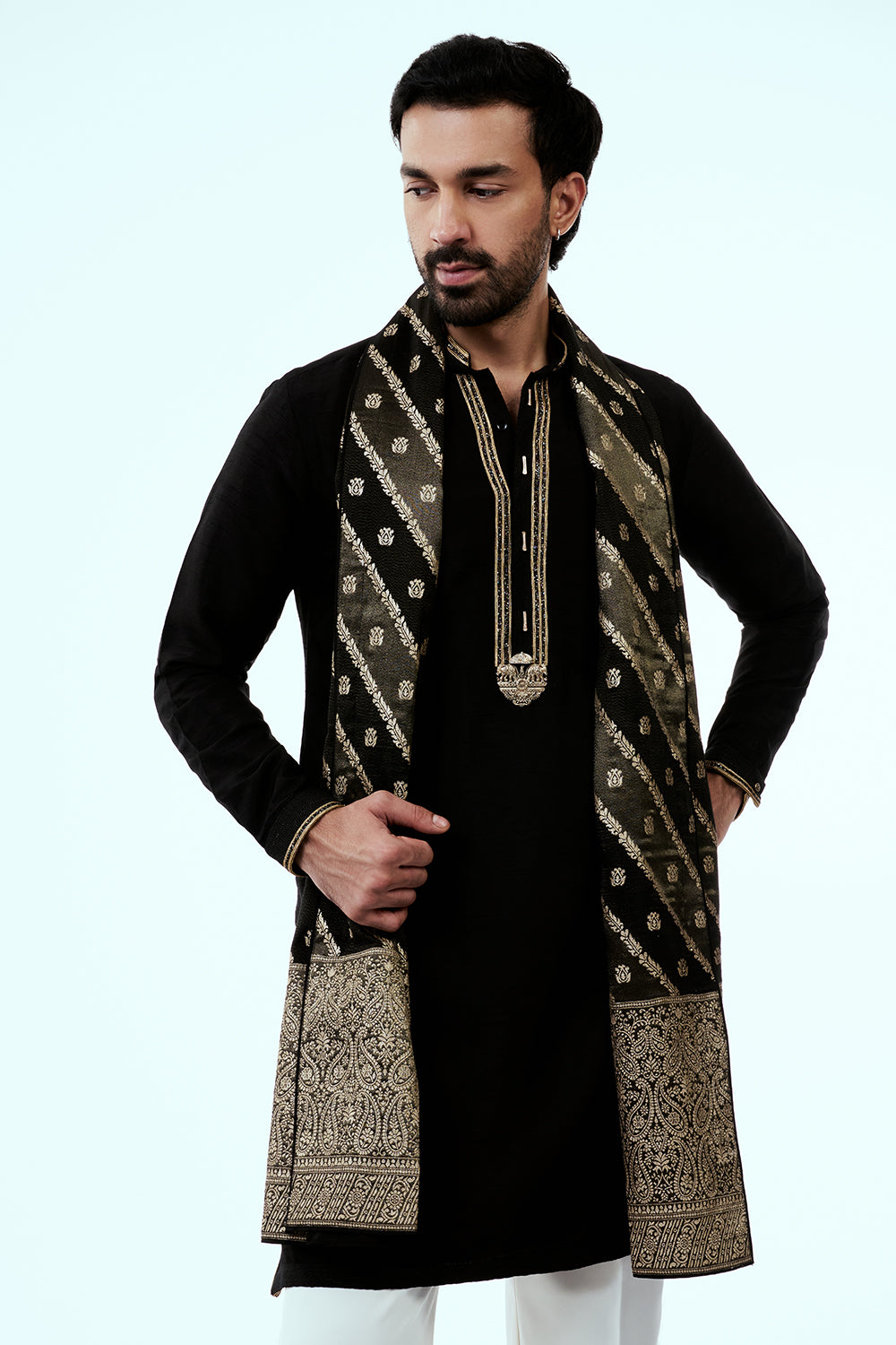 Black Nokia Silk Mens Kurta Set with Bandhani Embroidered Dupatta
