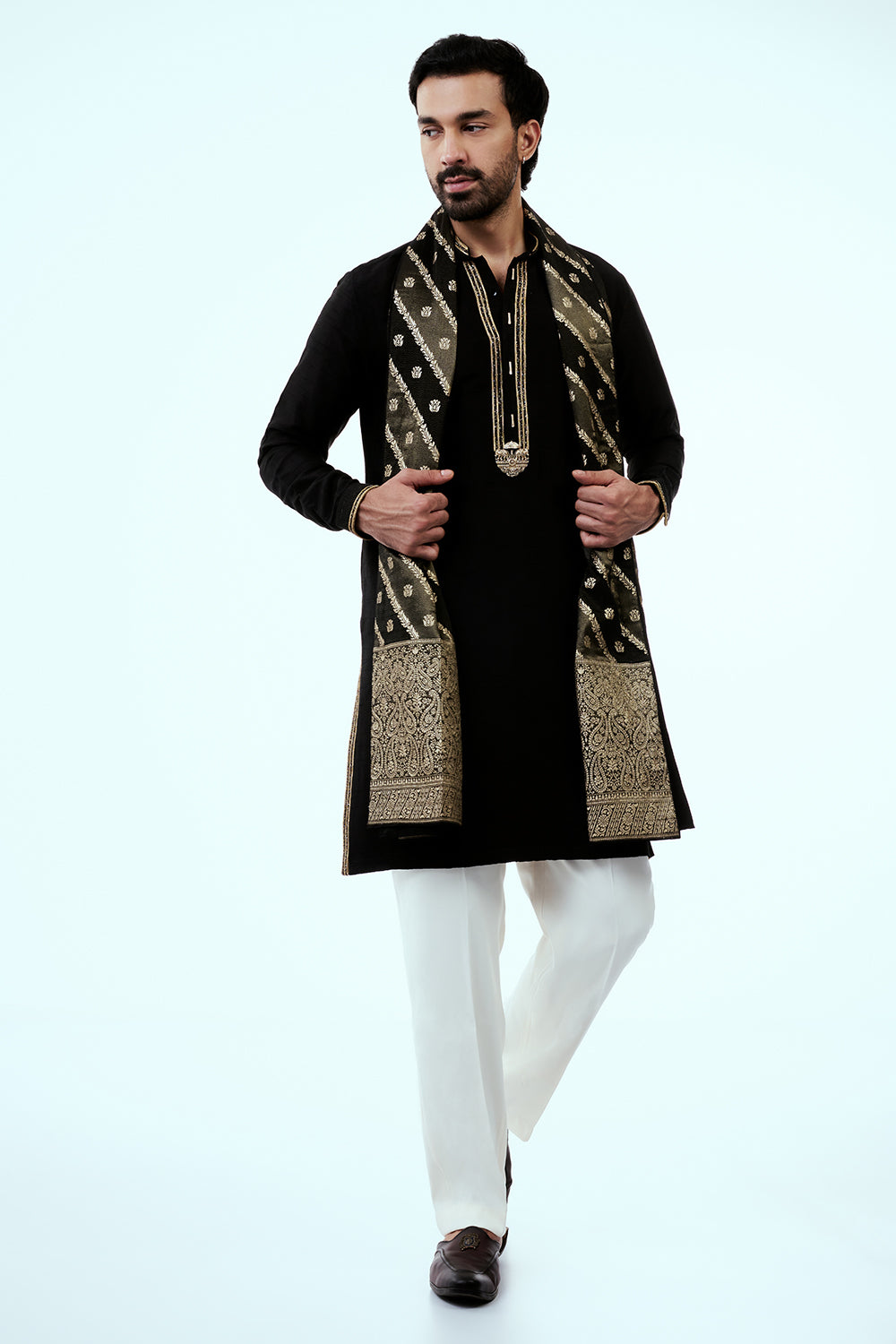 Black Nokia Silk Mens Kurta Set with Bandhani Embroidered Dupatta