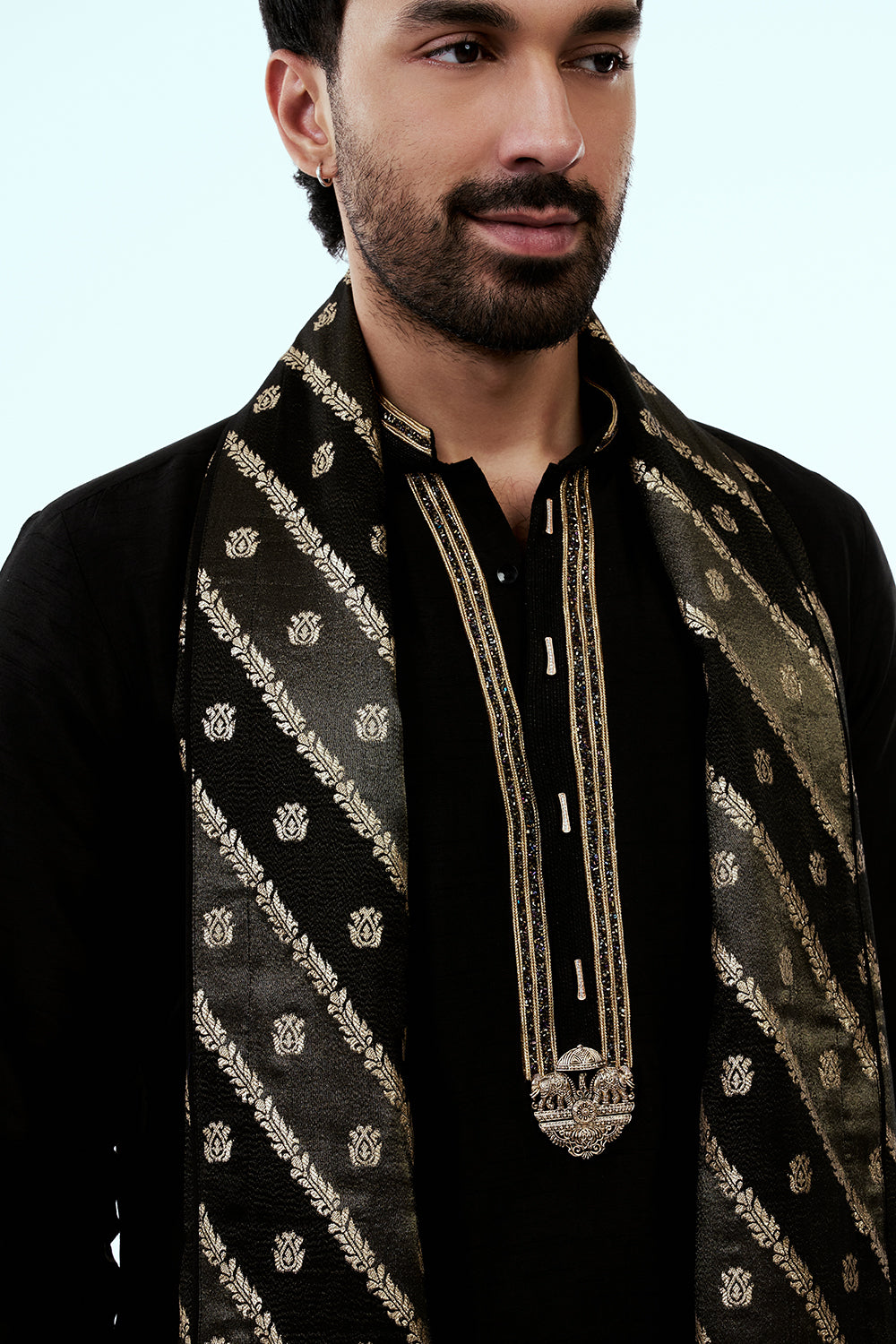 Black Nokia Silk Mens Kurta Set with Bandhani Embroidered Dupatta