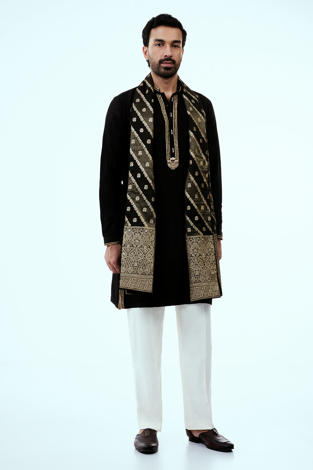 Black Nokia Silk Mens Kurta Set with Bandhani Embroidered Dupatta