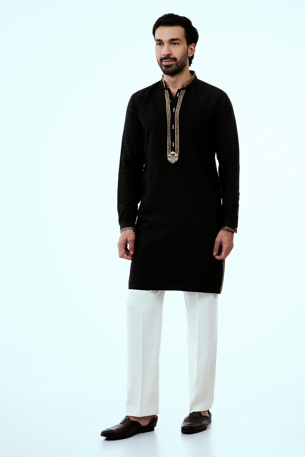 Black Nokia Silk Mens Kurta Set with Bandhani Embroidered Dupatta