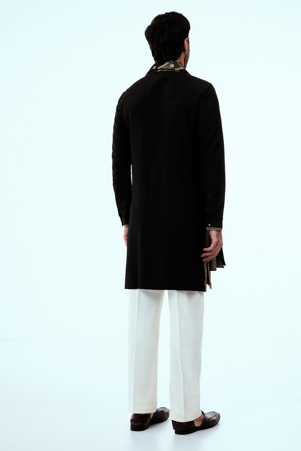 Black Nokia Silk Mens Kurta Set with Bandhani Embroidered Dupatta