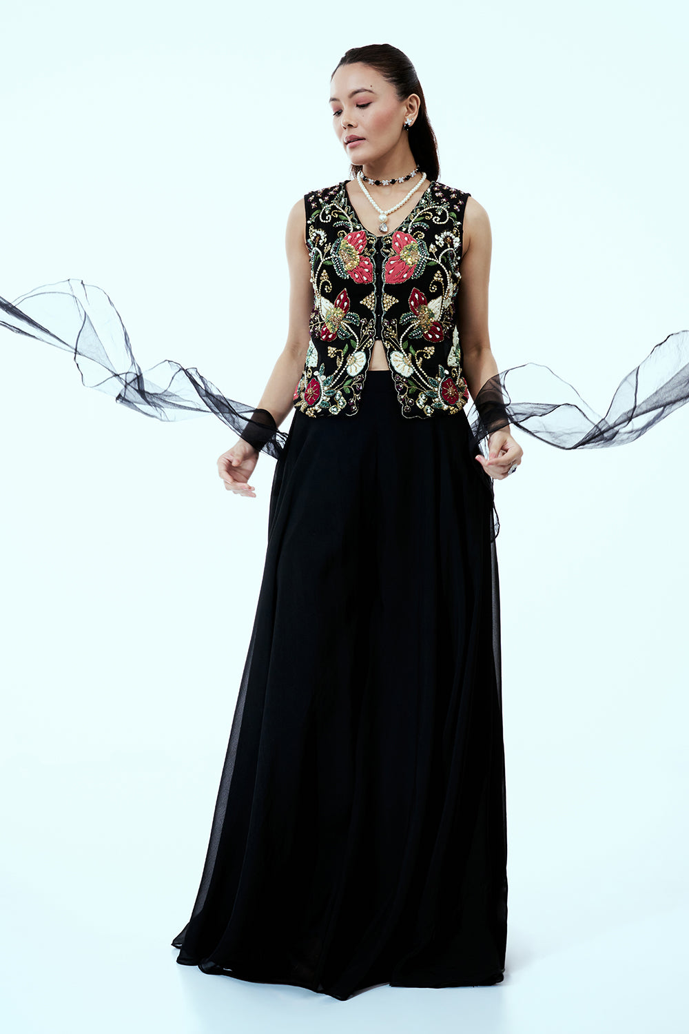 Black Organza Indo Western Set with Resham and Pearl Work