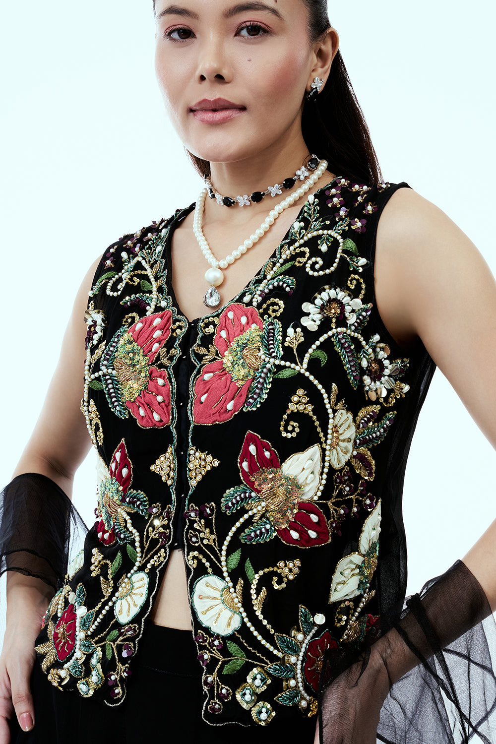 Black Organza Indo Western Set with Resham and Pearl Work