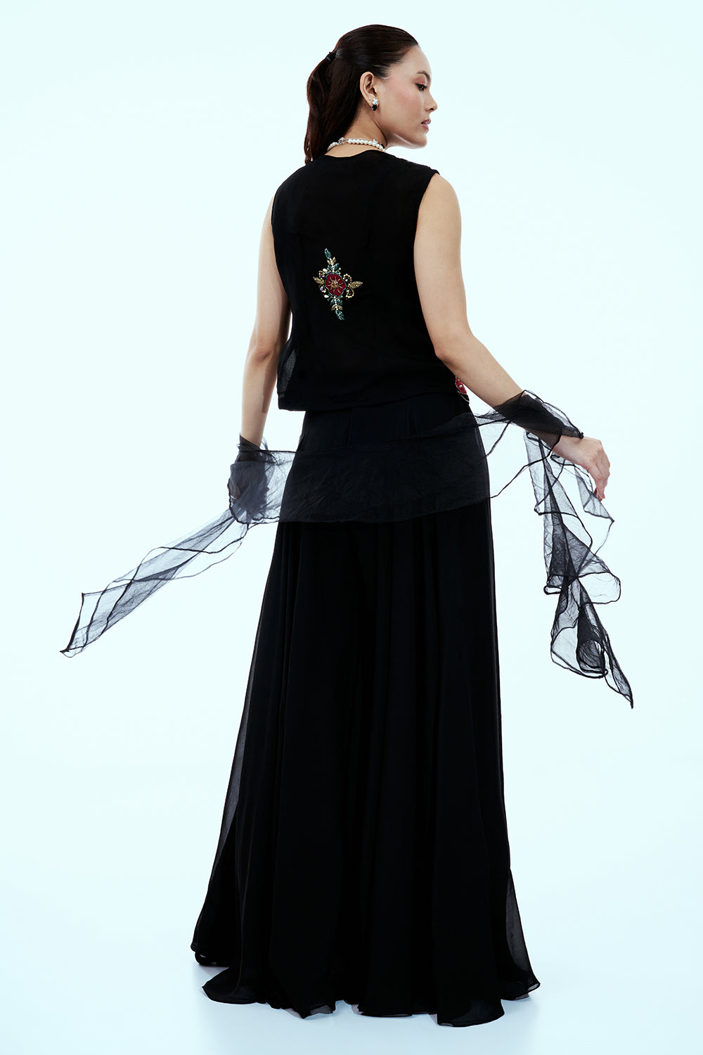 Black Organza Indo Western Set with Resham and Pearl Work