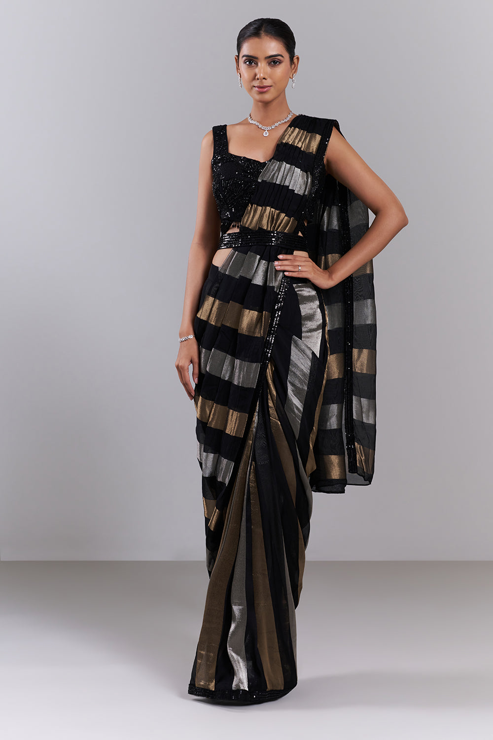 Black Organza Pre-Draped Saree with Sequinned Blouse