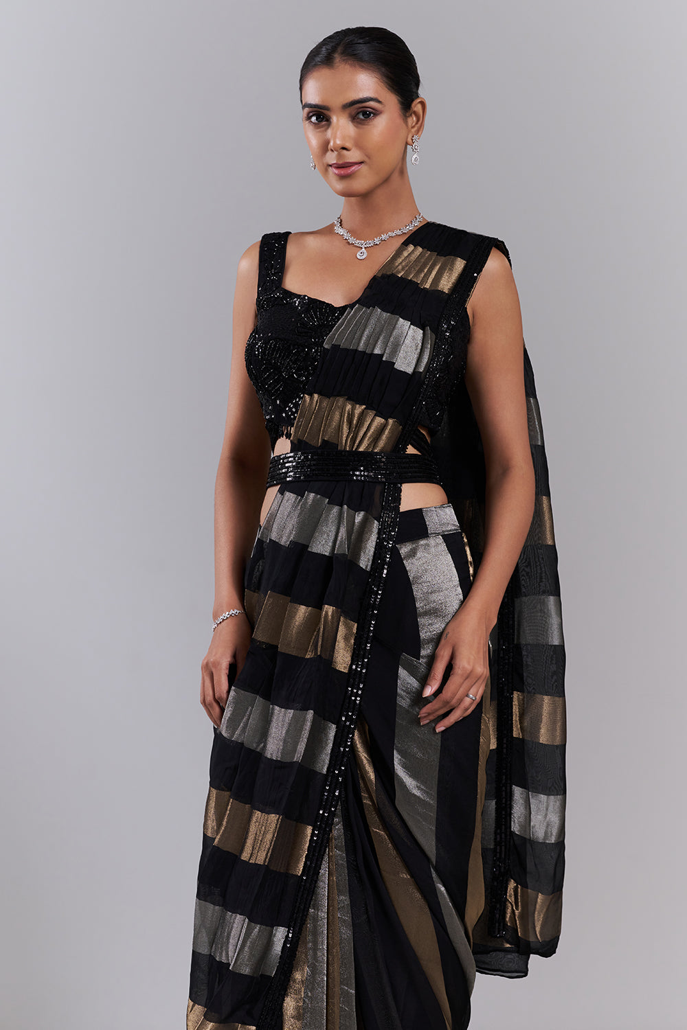 Black Organza Pre-Draped Saree with Sequinned Blouse