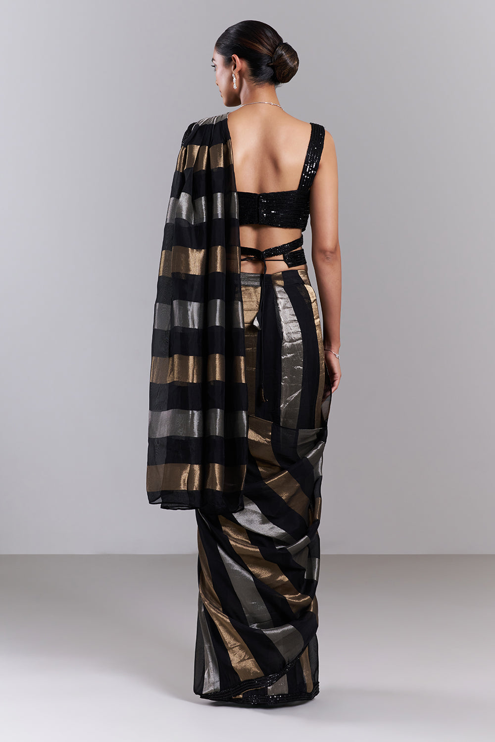 Black Organza Pre-Draped Saree with Sequinned Blouse