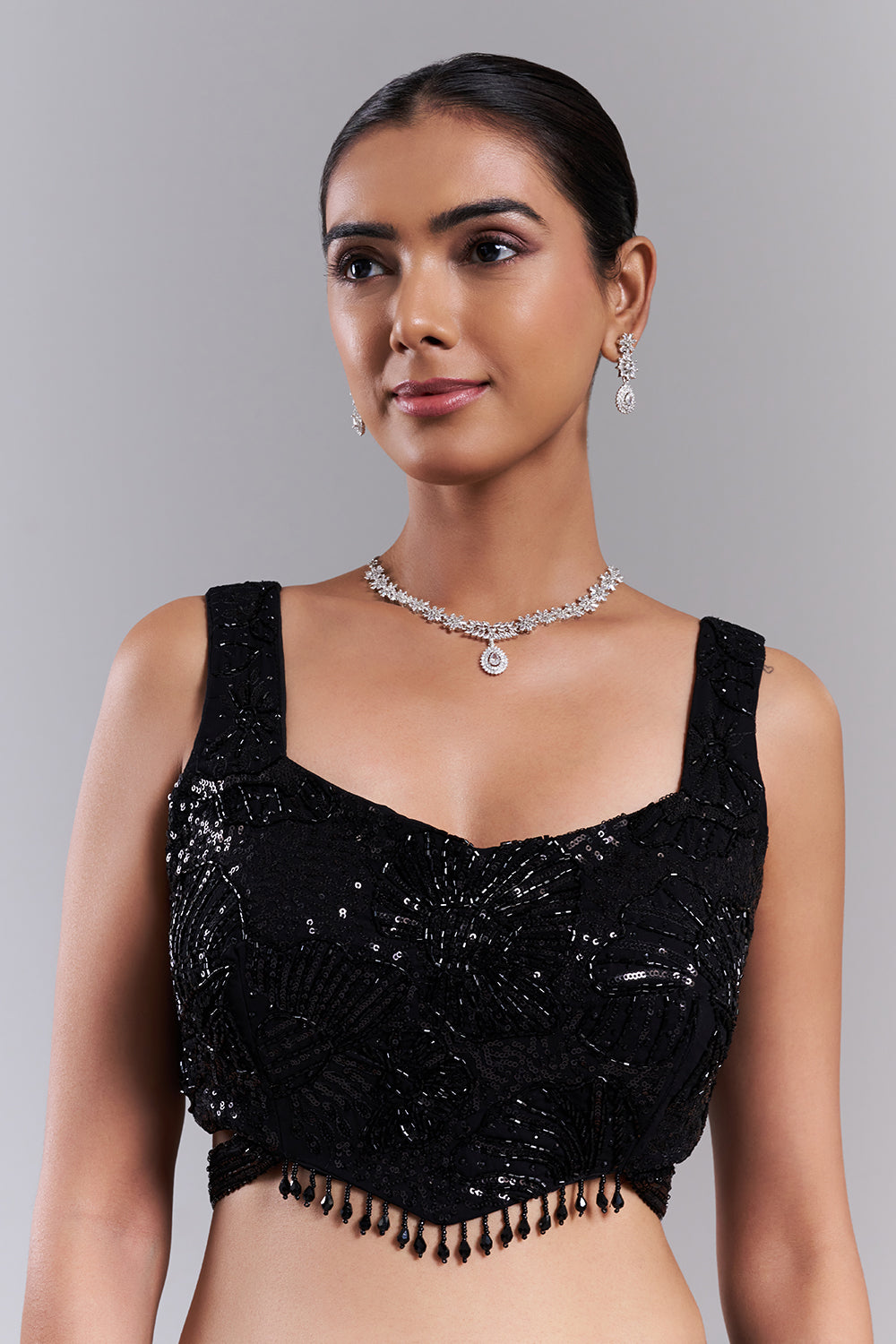 Black Organza Pre-Draped Saree with Sequinned Blouse