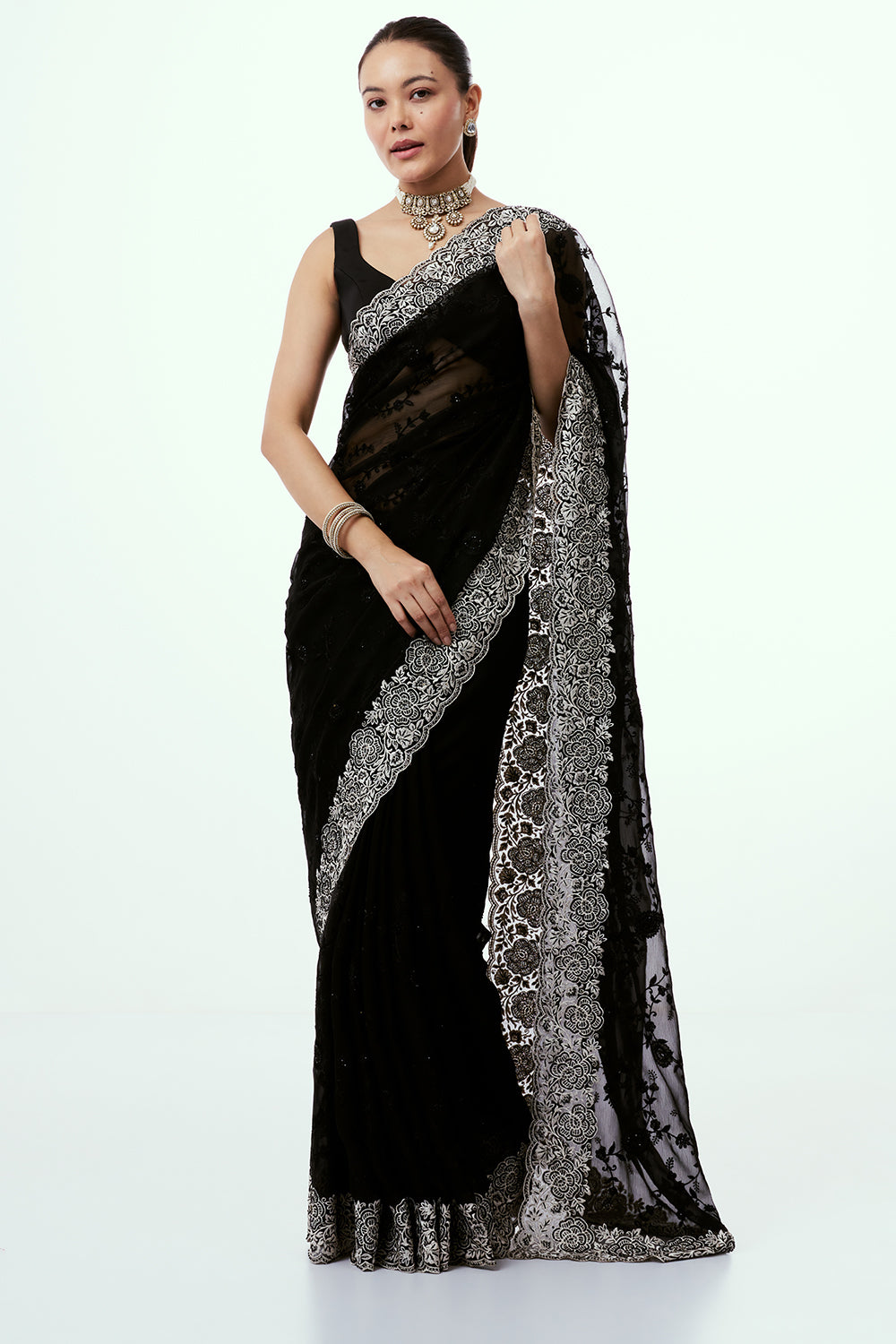 Black Organza Saree with Bead and Stone Work