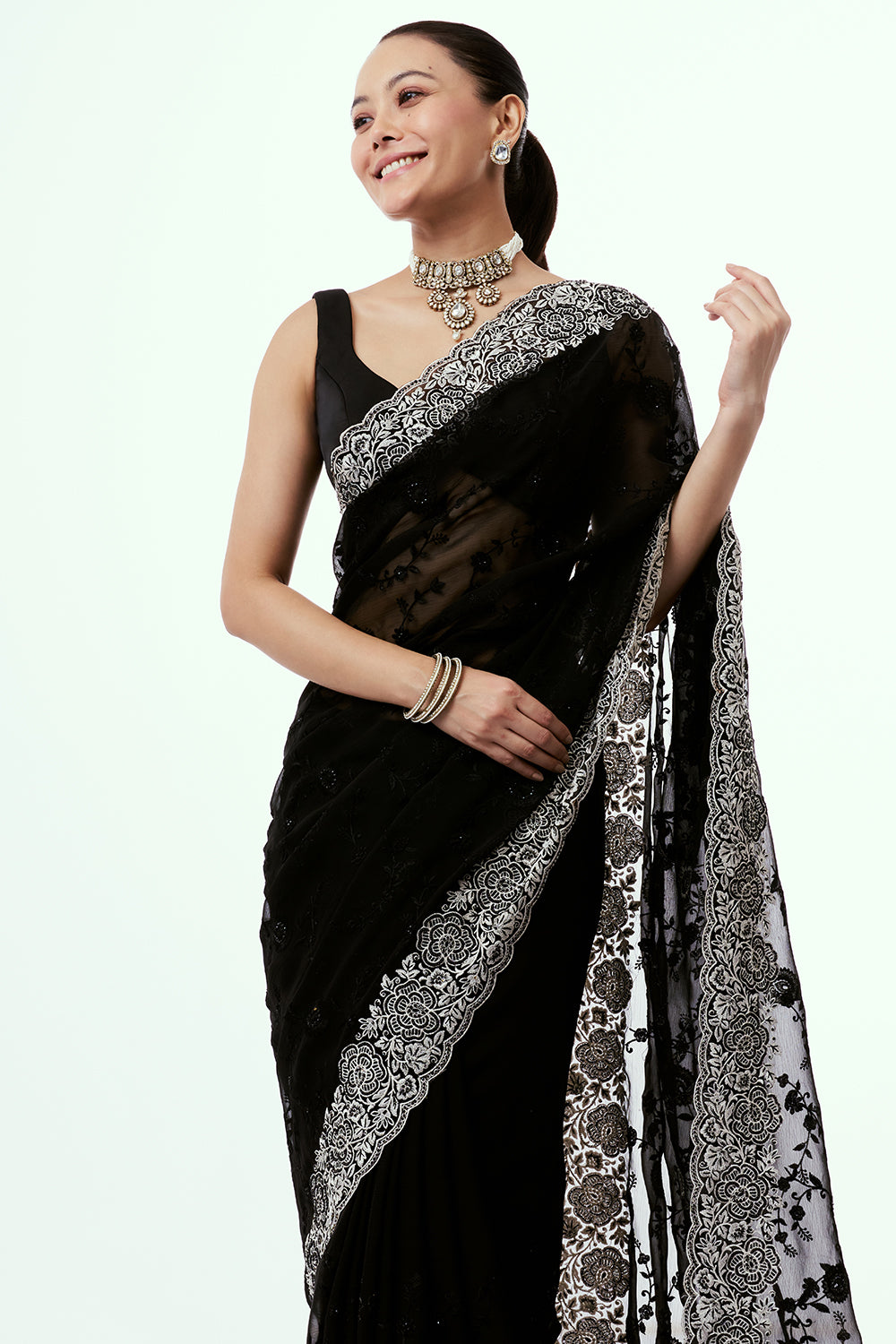 Black Organza Saree with Bead and Stone Work