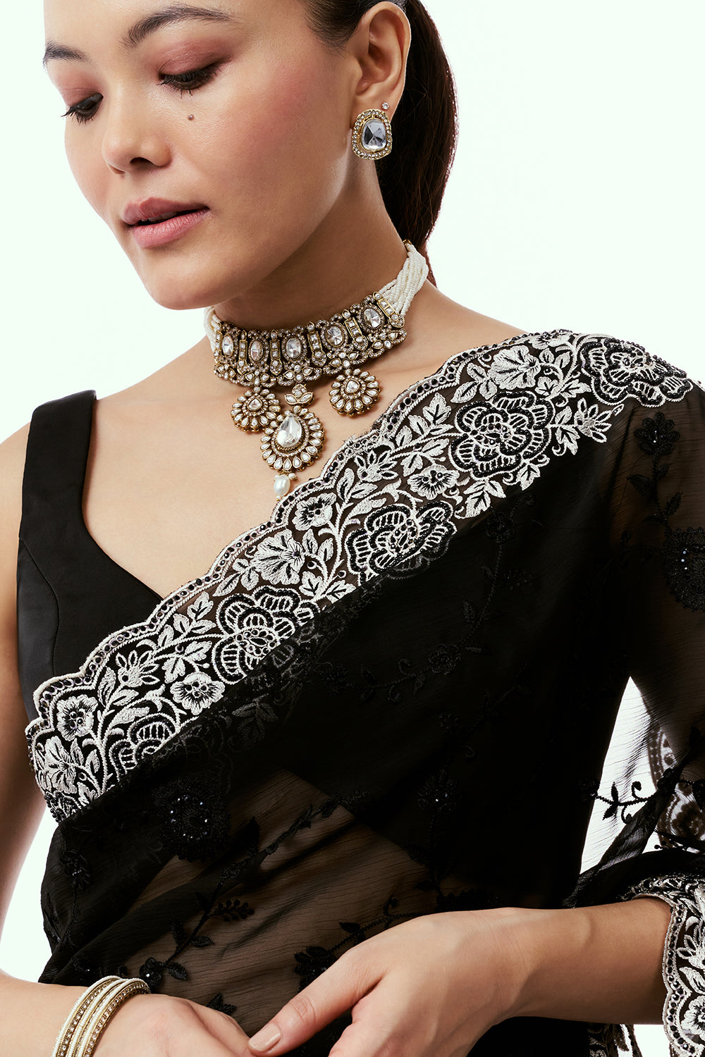 Black Organza Saree with Bead and Stone Work
