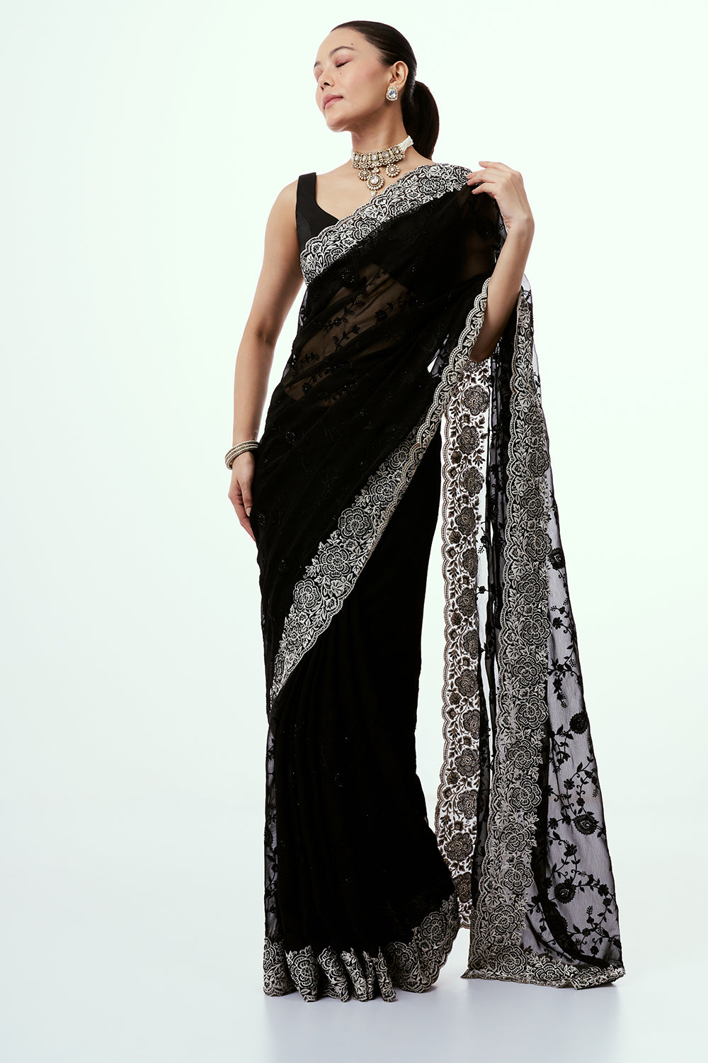 Black Organza Saree with Bead and Stone Work