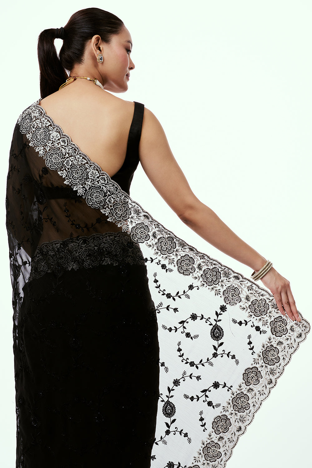 Black Organza Saree with Bead and Stone Work