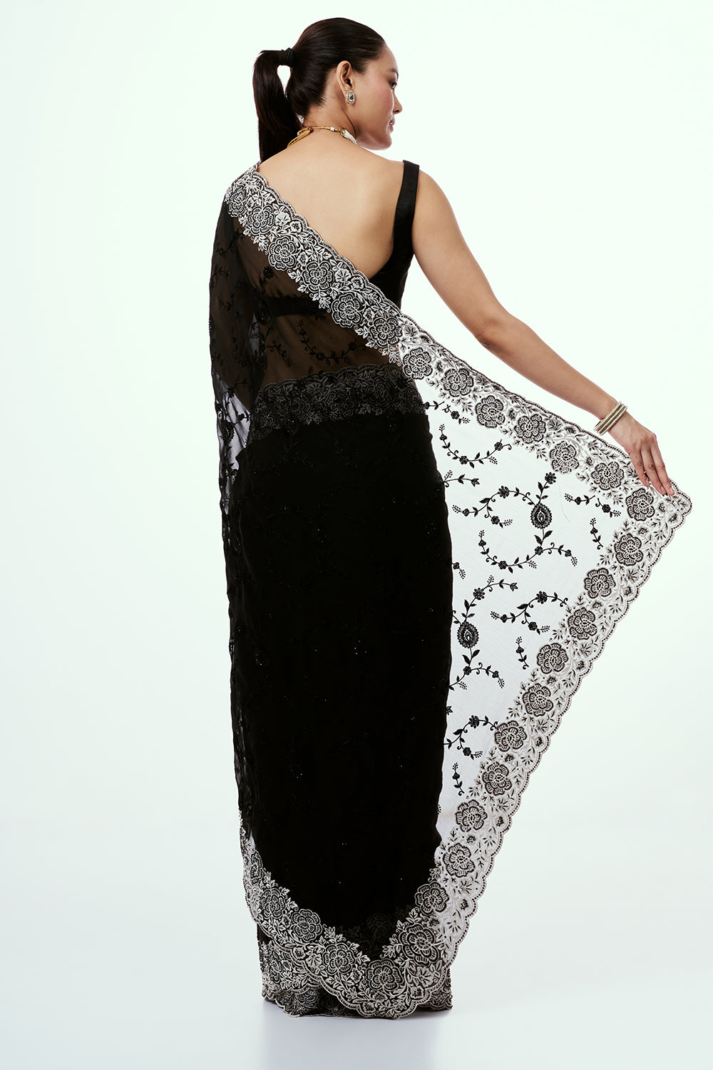 Black Organza Saree with Bead and Stone Work