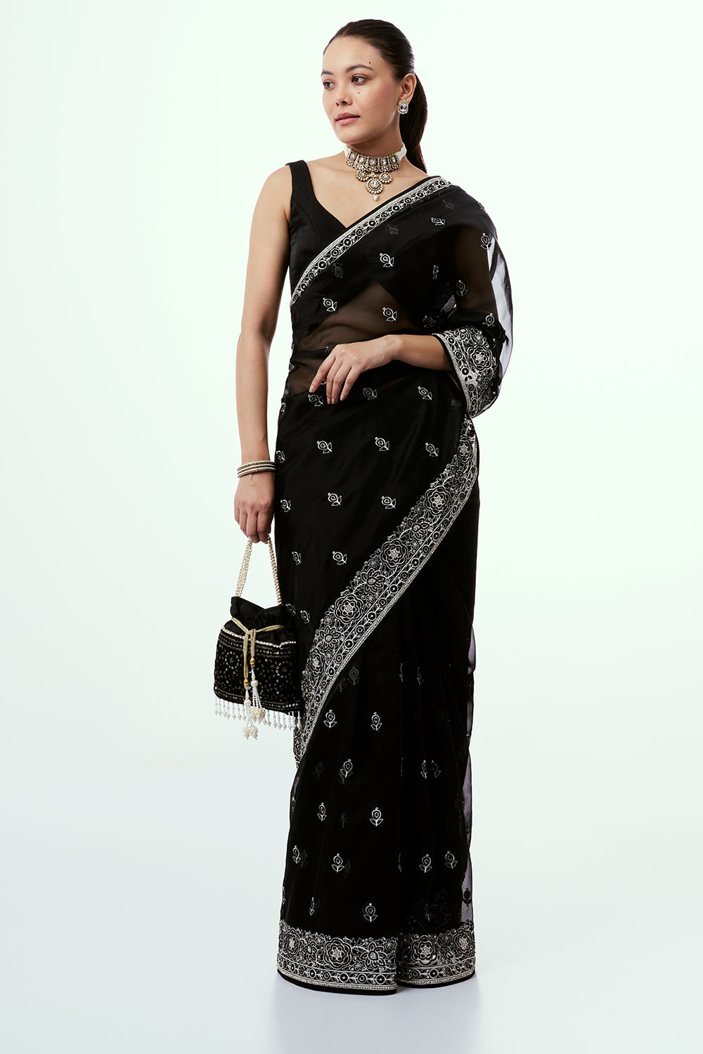 Black Organza Saree with Pearl Accents