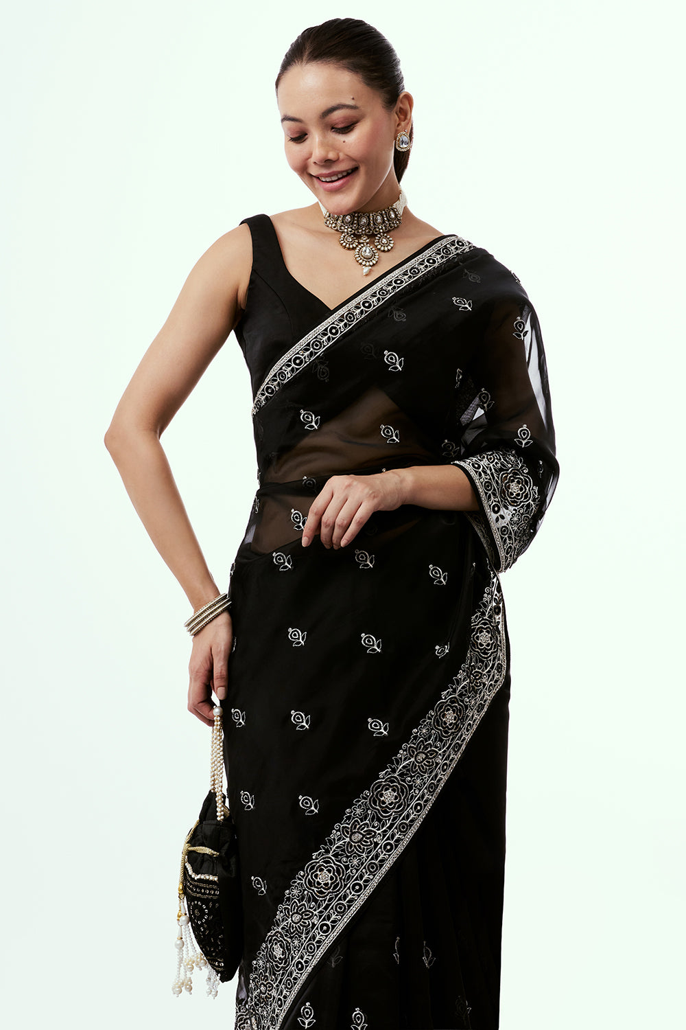 Black Organza Saree with Pearl Accents