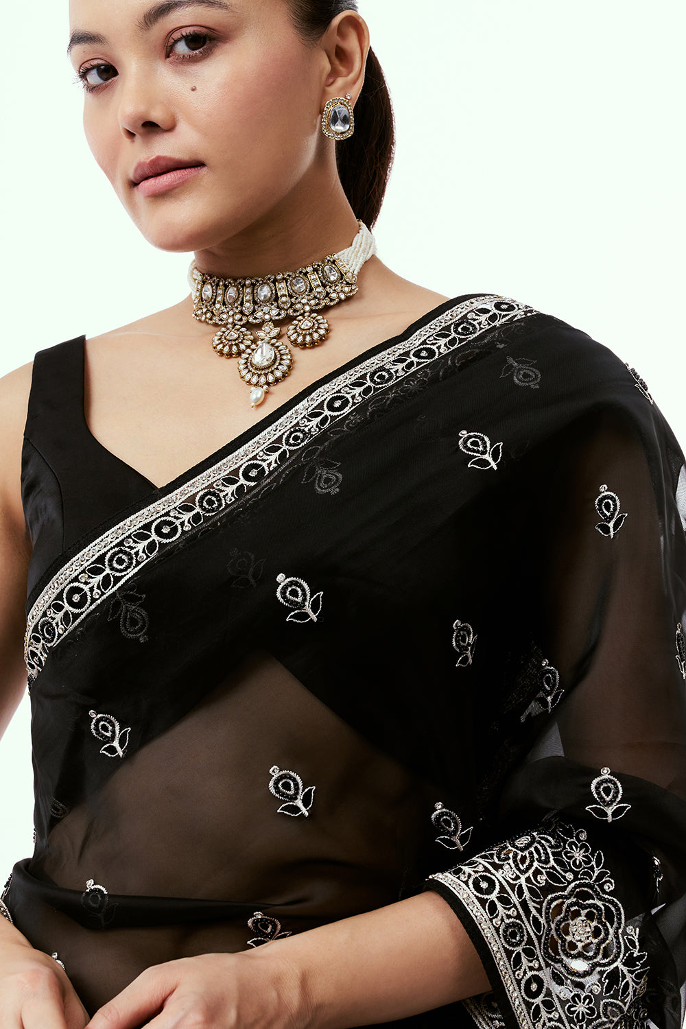 Black Organza Saree with Pearl Accents