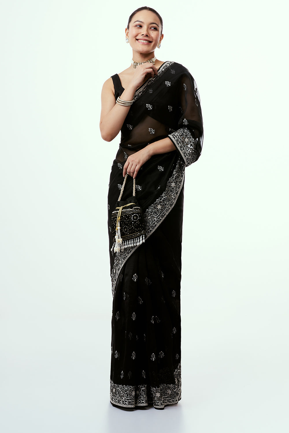 Black Organza Saree with Pearl Accents
