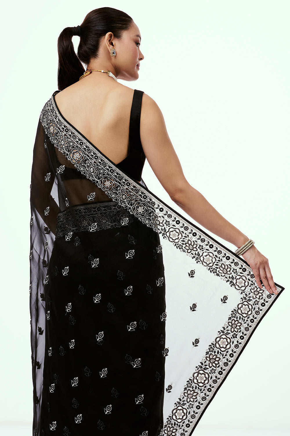 Black Organza Saree with Pearl Accents