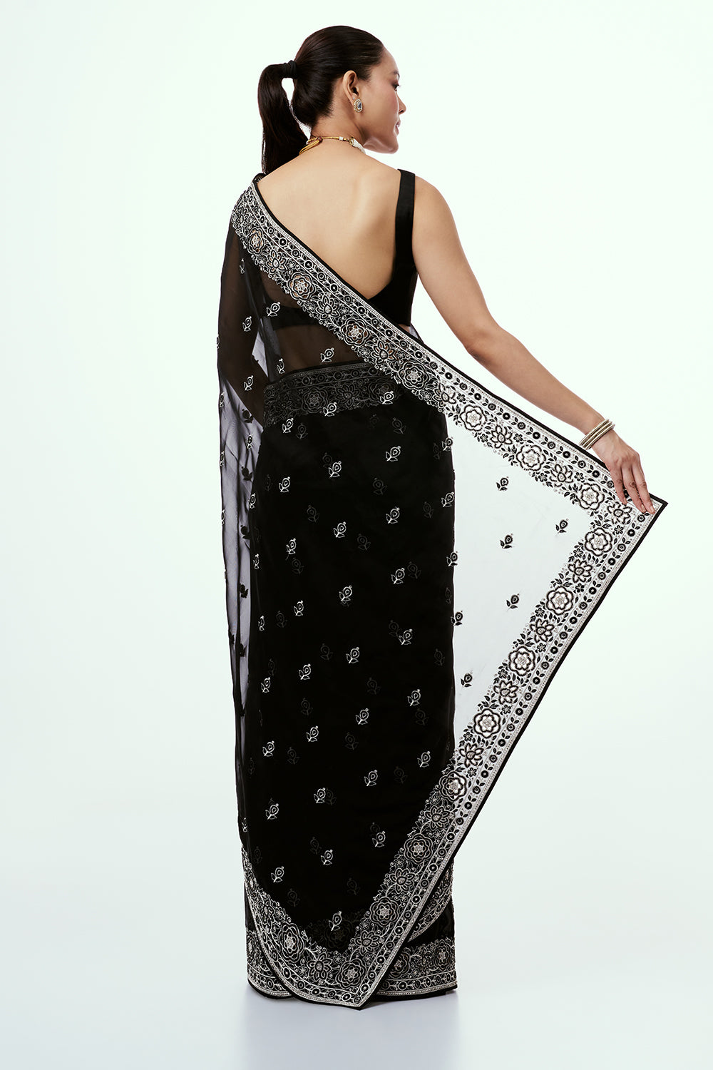 Black Organza Saree with Pearl Accents