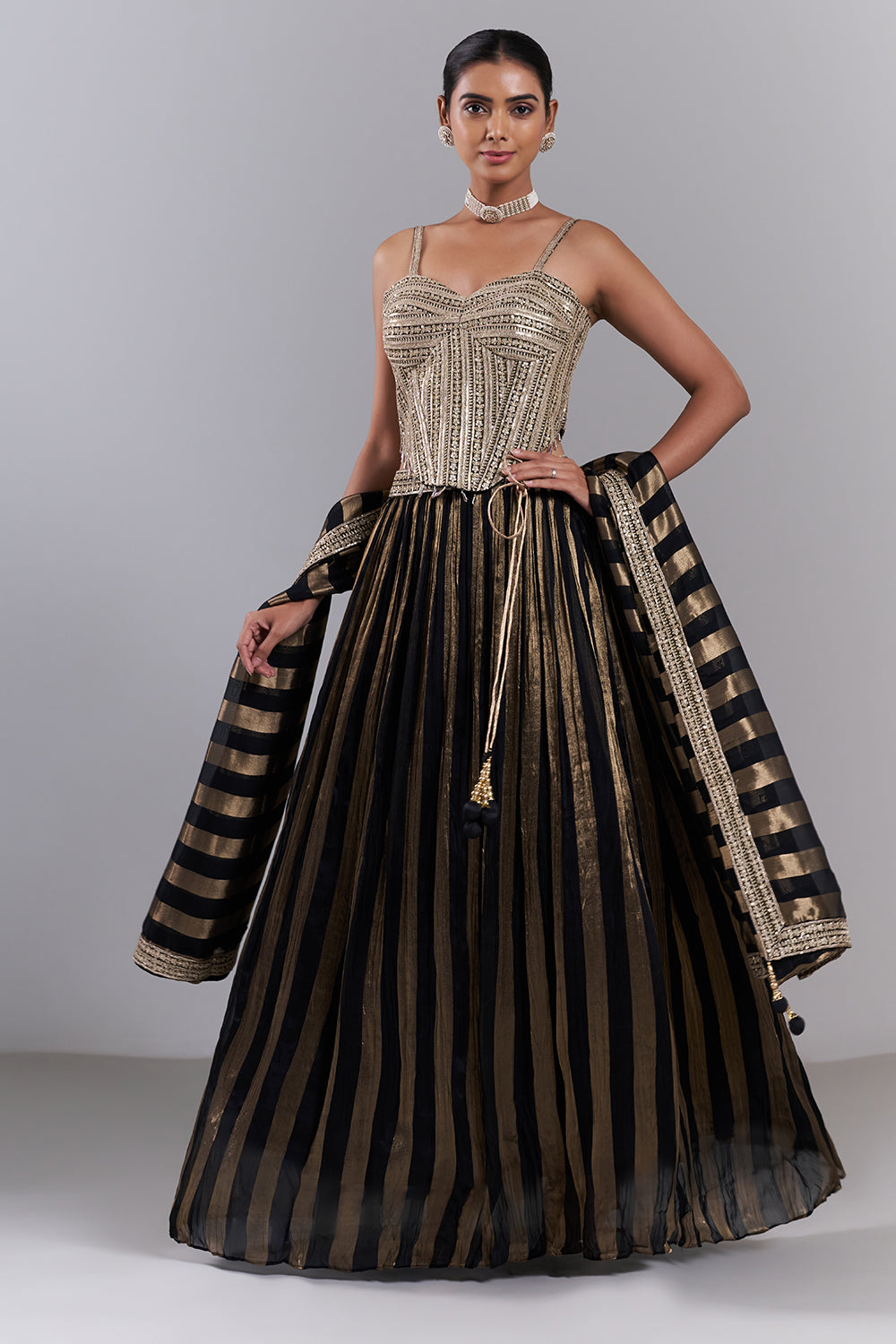 Black Organza Striped Lehenga Set with Sequin Work