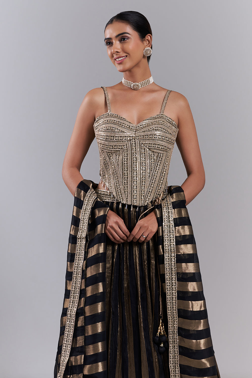 Black Organza Striped Lehenga Set with Sequin Work