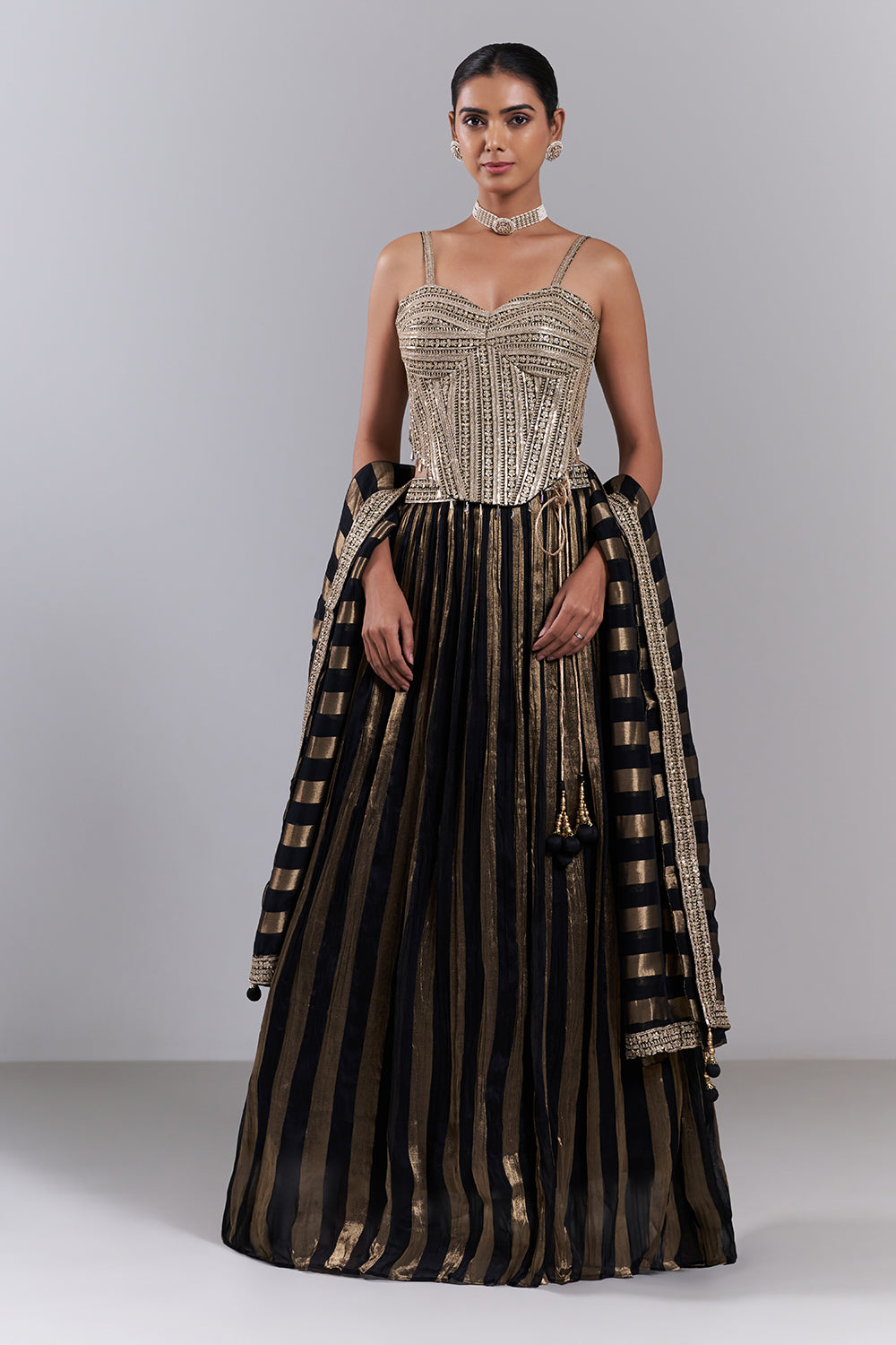 Black Organza Striped Lehenga Set with Sequin Work