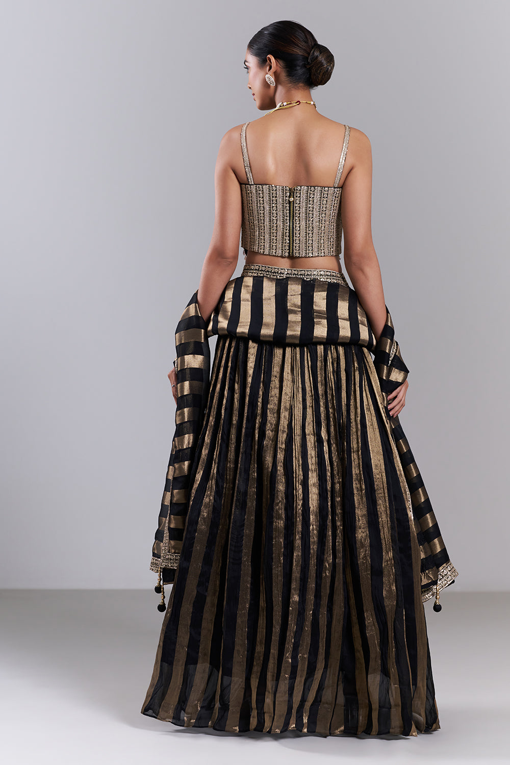 Black Organza Striped Lehenga Set with Sequin Work