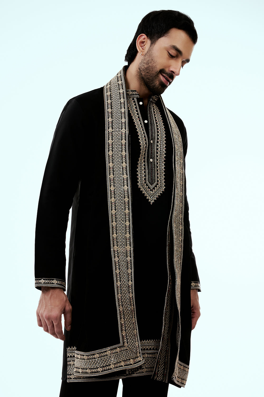 Black Premium Crepe Mens Kurta Set in Zari Work with Dupatta