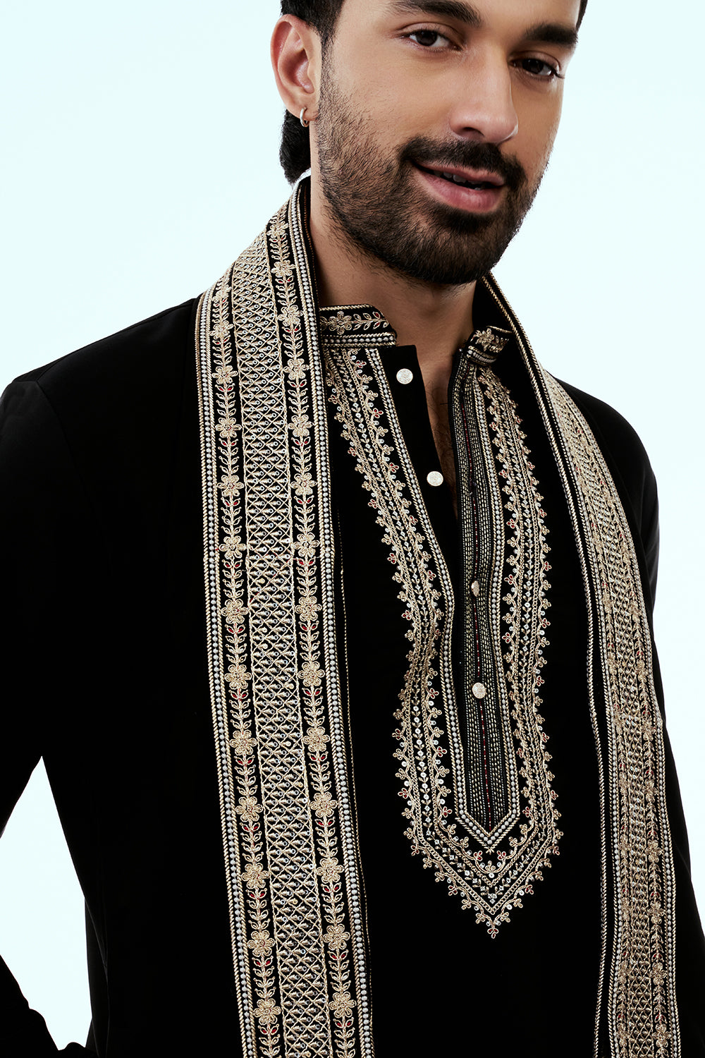Black Premium Crepe Mens Kurta Set in Zari Work with Dupatta