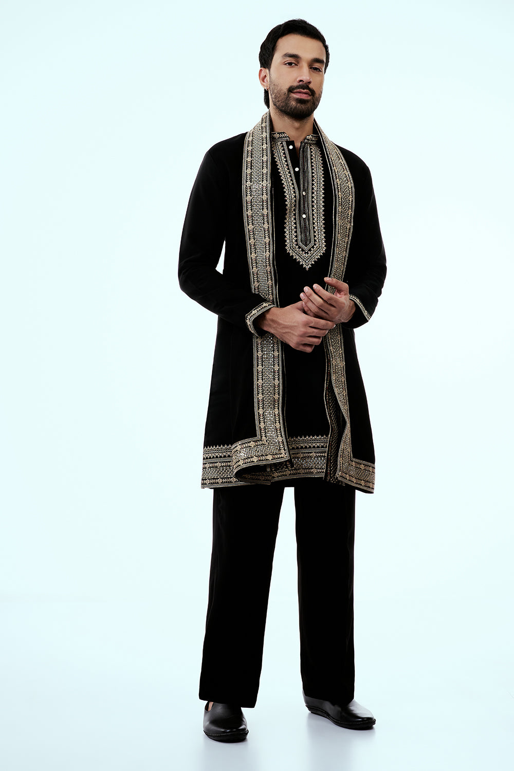 Black Premium Crepe Mens Kurta Set in Zari Work with Dupatta