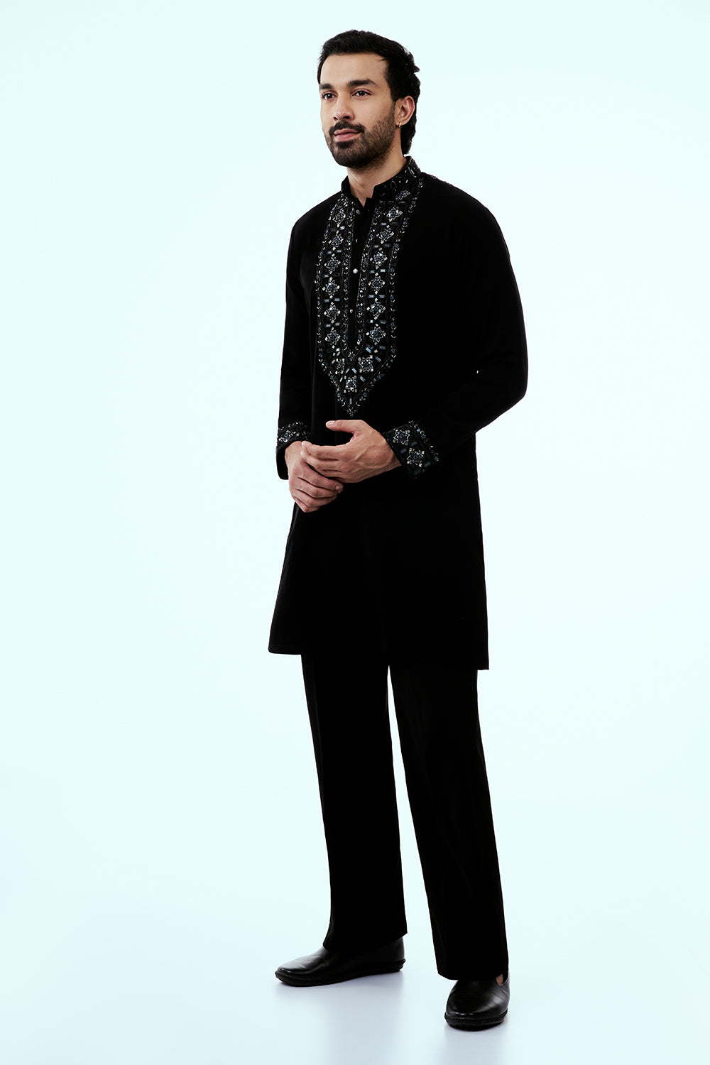 Black Premium Crepe Mens Kurta Set with Cutdana Work