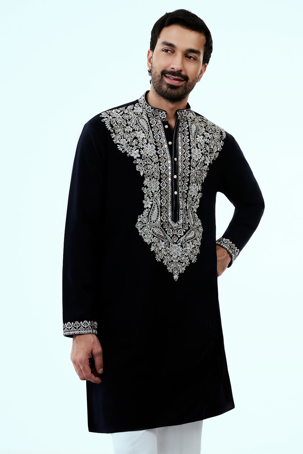 Black Premium Crepe Mens Kurta Set with Handwork