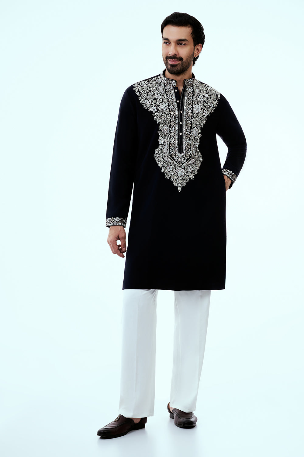 Black Premium Crepe Mens Kurta Set with Handwork