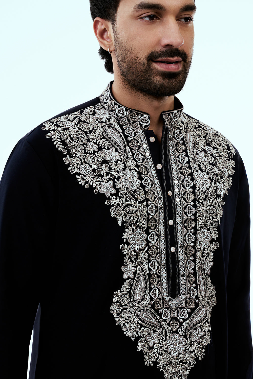 Black Premium Crepe Mens Kurta Set with Handwork