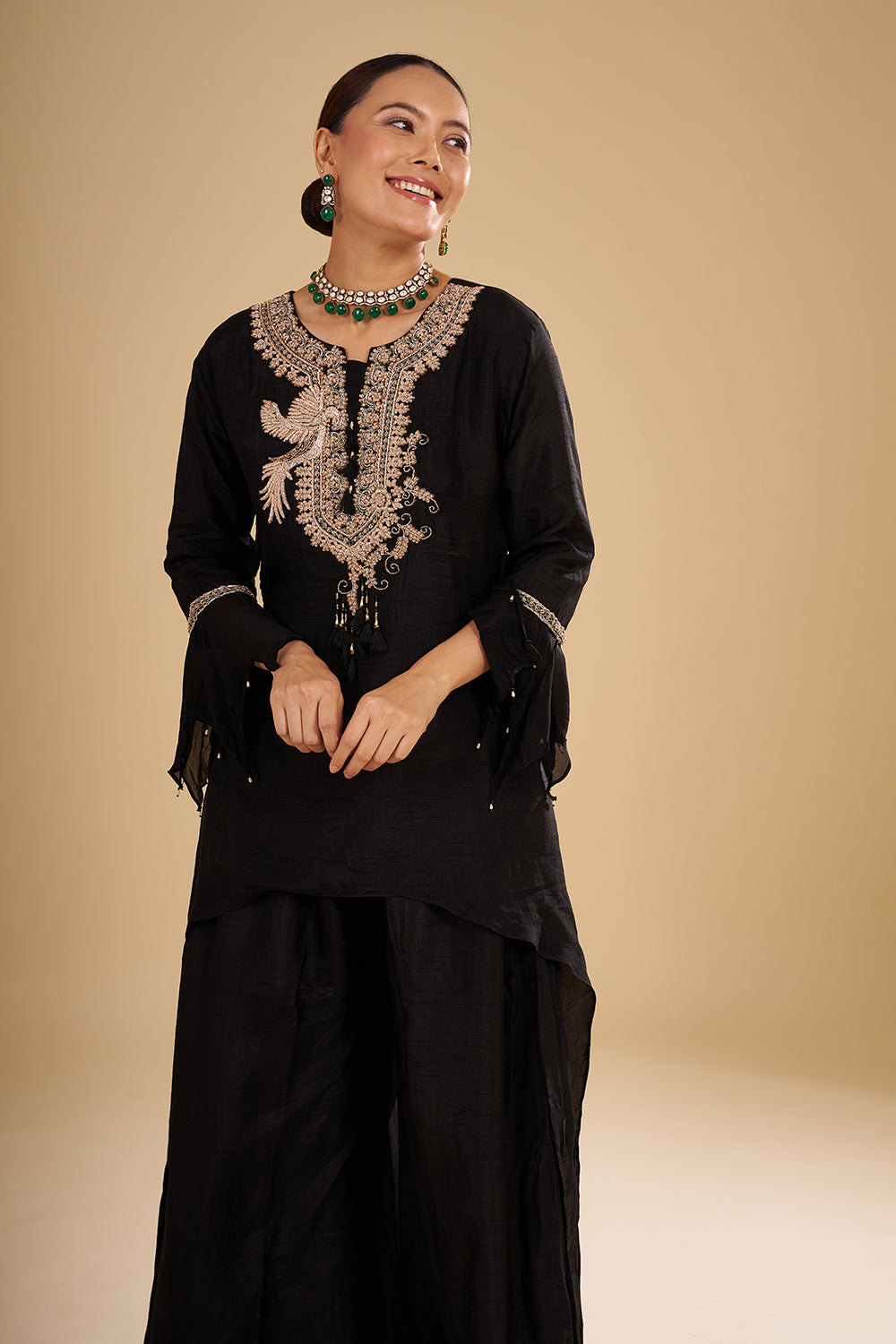 Black Pure Silk High-Low Tunic with Rose Gold Zardozi Hand Embroidery and Silk Palazzo