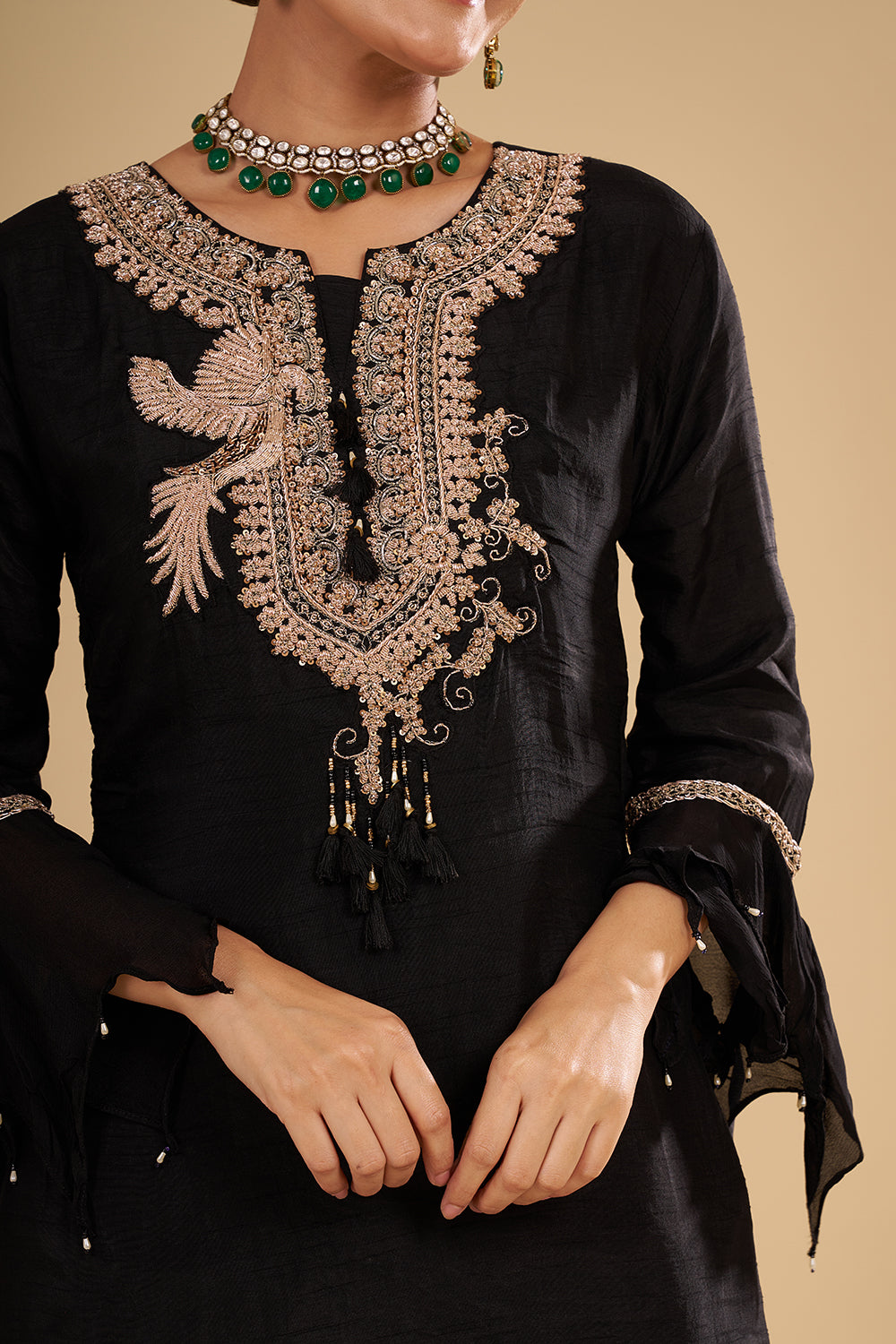 Black Pure Silk High-Low Tunic with Rose Gold Zardozi Hand Embroidery and Silk Palazzo