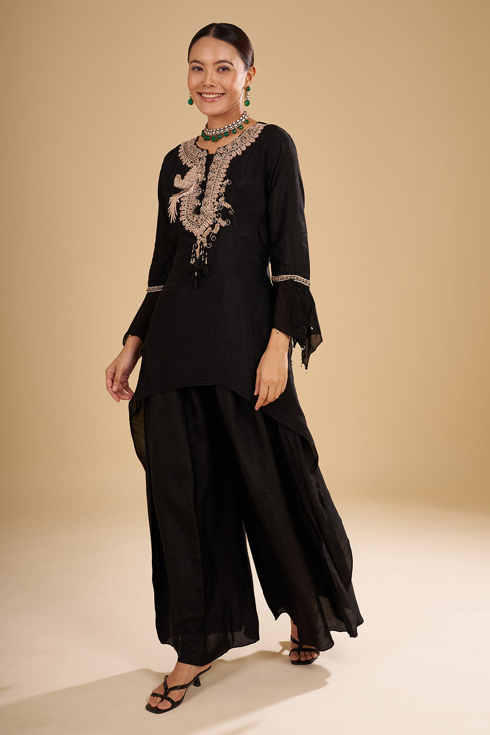 Black Pure Silk High-Low Tunic with Rose Gold Zardozi Hand Embroidery and Silk Palazzo