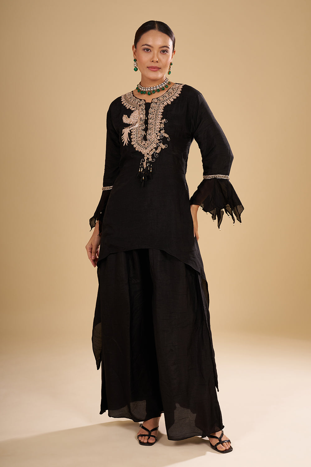 Black Pure Silk High-Low Tunic with Rose Gold Zardozi Hand Embroidery and Silk Palazzo