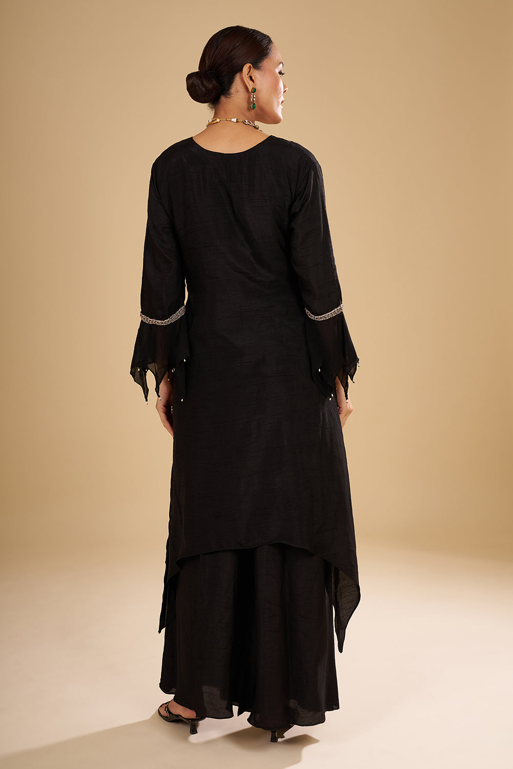 Black Pure Silk High-Low Tunic with Rose Gold Zardozi Hand Embroidery and Silk Palazzo