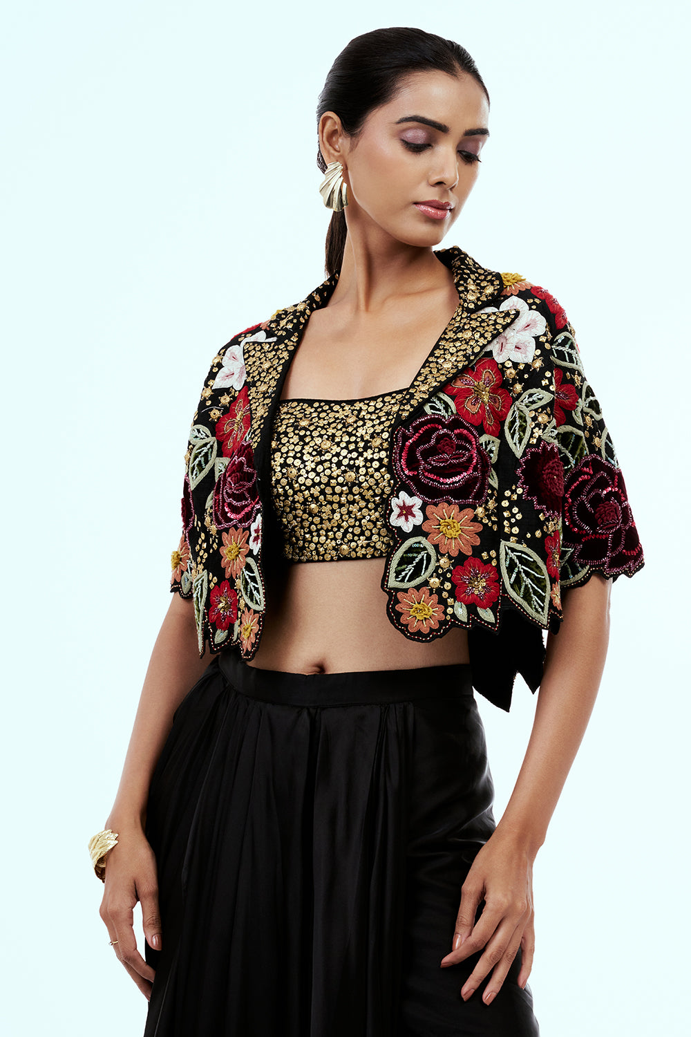 Black Raw Silk Indo-Western Set with Thread Work