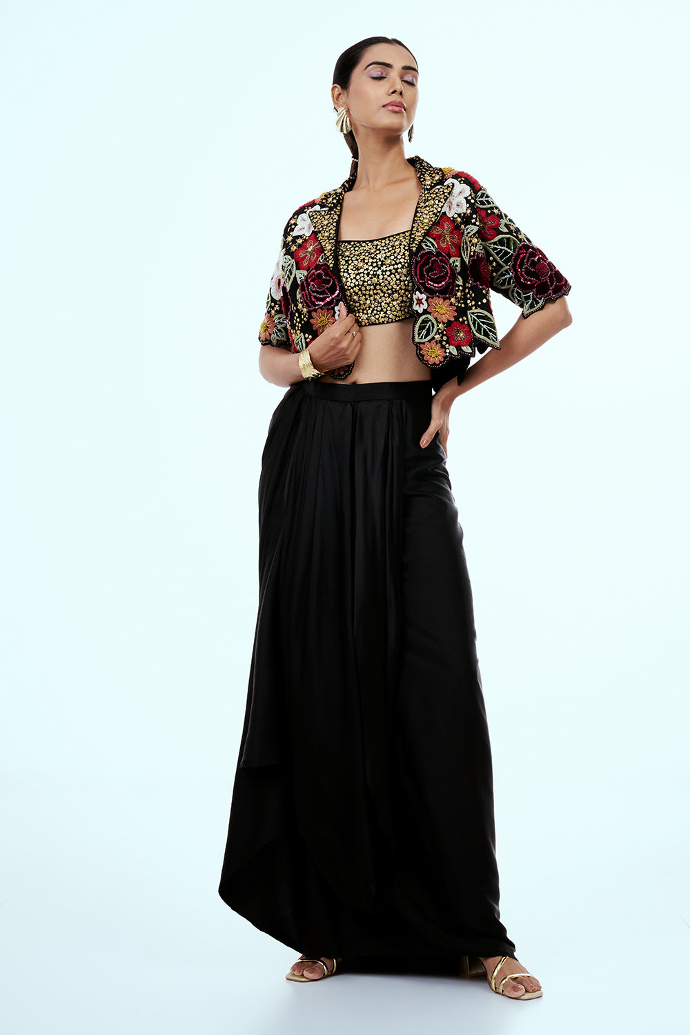 Black Raw Silk Indo-Western Set with Thread Work